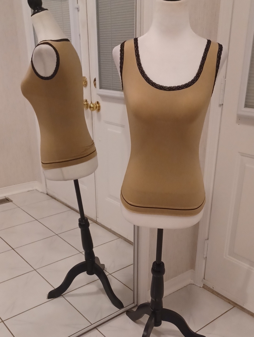 4/$40 Snug Tan Body Beautiful Tank Top with Black Lace Trim - Fits Size Small